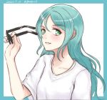  1girl aqua_hair bang_dream! bangs black-framed_eyewear blue_background blush breasts collarbone commentary_request dated eyebrows_visible_through_hair eyewear_removed glasses green_eyes gurifu hair_between_eyes hikawa_sayo holding holding_eyewear long_hair looking_at_viewer parted_bangs parted_lips shirt short_sleeves small_breasts solo twitter_username two-tone_background upper_body white_background white_shirt 
