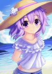  1girl absurdres d-pad eyebrows_visible_through_hair hat highres looking_at_viewer neptune_(neptune_series) neptune_(series) novus_rue outdoors purple_hair short_hair sidelocks smile solo sun_hat upper_body violet_eyes 