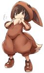  1girl bangs blush_stickers brown_eyes brown_footwear brown_hair closed_mouth cosplay covered_navel eevee eevee_(cosplay) eevee_ears eevee_tail eyebrows_visible_through_hair full_body gen_1_pokemon hair_between_eyes hands_up hood hood_up karukan_(monjya) looking_at_viewer poke_kid_(pokemon) pokemon pokemon_(game) pokemon_swsh shoes simple_background smile solo white_background 