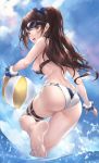  1girl ass asymmetrical_bangs ball bangs bare_shoulders beachball beatrix_(granblue_fantasy) blue_sky blush breasts brown_eyes brown_hair feet granblue_fantasy large_breasts long_hair looking_at_viewer looking_back open_mouth parfaitlate ponytail scrunchie sky soles sunglasses swept_bangs thighs toes wading water wrist_scrunchie 
