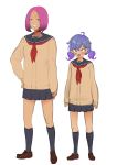  2girls blue_hair bob_cut cardigan full_body gyaru highres kneehighs kogal loafers long_hair multiple_girls navy_blue_legwear original pleated_skirt purple_hair sailor_collar sanpaku school_uniform serafuku shoes short_hair short_twintails skirt socks suruga_kreuz tan twintails violet_eyes yellow_eyes 