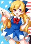  1girl american_flag american_flag_background blonde_hair blue_bow blue_dress bow bowtie breasts cirno cirno_(cosplay) clownpiece collared_shirt cosplay dress eyebrows_visible_through_hair fairy_wings fire flag_background hair_bow highres long_hair looking_at_viewer mary_janes open_mouth red_neckwear ruu_(tksymkw) shirt shoes socks solo star_(symbol) torch touhou very_long_hair violet_eyes white_legwear wings 