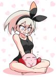  1girl bangs barefoot black_bodysuit black_hairband blush bodysuit breasts commentary_request crossed_legs crossover eyebrows_visible_through_hair eyelashes feet grey_eyes grey_hair gym_leader hair_between_eyes hairband heart heart_background highres kirby kirby_(series) kurachi_mizuki looking_down medium_hair open_mouth pokemon pokemon_(game) pokemon_swsh saitou_(pokemon) sleeping toes 