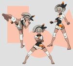  1girl barefoot black_bodysuit black_hairband bodysuit bodysuit_under_clothes clenched_hands collared_shirt commentary_request dynamax_band feet gloves grey_eyes grey_hair gym_leader hair_between_eyes hairband highres kicking knee_pads multiple_views pokemon pokemon_(game) pokemon_swsh print_shirt print_shorts saitou_(pokemon) shirt short_hair short_sleeves shorts single_glove soles sozai tied_shirt toes two-tone_background 