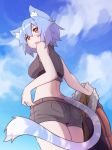  1girl absurdres animal_ear_fluff animal_ears blue_hair blue_sky breasts cat_ears cat_tail clouds cloudy_sky commentary facial_scar fur_trim highres large_breasts looking_at_viewer looking_back open_mouth orange_eyes original outdoors ryota_tentei scar scar_on_cheek short_hair short_shorts shorts sky solo sweatshirt tail tora_tentei 