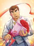  1boy alternate_costume bara barry_go blush body_hair bouquet brown_hair facial_hair flower formal goatee highres kengo_(tokyo_houkago_summoners) male_focus necktie pov ribbon solo thick_eyebrows tokyo_houkago_summoners upper_body valentine 