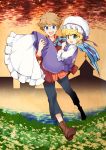  1boy 1girl alouette_(la_danse_macabre) blonde_hair blue_eyes brown_hair carrying couple dress green_eyes hat hat_ribbon la_danse_macabre lazarus_(la_danse_macabre) mob_cap open_mouth princess_carry puffy_sleeves ribbon scarf short_hair smile 