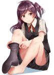  1girl black_legwear black_skirt black_vest brown_eyes buttons collared_shirt commentary_request eyebrows_visible_through_hair fingernails hagikaze_(kantai_collection) highres kamelie kantai_collection lips long_hair neck_ribbon one_side_up pleated_skirt purple_hair red_neckwear revision ribbon shirt short_sleeves simple_background single_thighhigh skirt smile solo thigh-highs toenails toes vest white_background white_shirt 