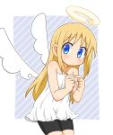  1other absurdres angel angel_wings bare_arms black_shorts blonde_hair blue_eyes broken_halo commentary_request crimvael dress embarrassed halo highres ishuzoku_reviewers richard_(richaball) shorts solo sweatdrop white_dress wings 