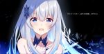  1girl :d bangs bare_shoulders blue_eyes blush character_request collarbone commentary_request eyebrows_visible_through_hair face hair_between_eyes hair_ornament highres long_hair looking_at_viewer nemu_mohu open_mouth re:zero_kara_hajimeru_isekai_seikatsu silver_hair smile solo tears translation_request upper_body 