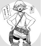  &gt;:) 1girl bag belt bike_shorts breasts closed_eyes cowboy_shot farrah_(granblue_fantasy) flipped_hair granblue_fantasy greyscale hands_on_hips kaauchi medium_breasts medium_hair monochrome open_mouth pouch smile solo 