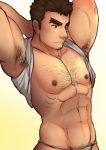  1boy abs armpits arms_behind_head bara barry_go blush body_hair brown_hair chest chest_hair cropped facial_hair fundoshi goatee highres japanese_clothes kengo_(tokyo_houkago_summoners) male_focus manly muscle navel nipples pectorals solo thick_eyebrows tokyo_houkago_summoners upper_body 