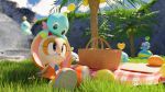  &gt;o&lt; 1girl 3d animal_on_head blue_sky bow bowtie brown_eyes chao_(sonic) cheese_(sonic) clouds cream_the_rabbit day food fruit garden happy heart highres hypersonic172 looking_up melon on_head open_mouth outdoors palm_tree picnic picnic_basket sitting sky smile sonic_the_hedgehog squiggle tree 