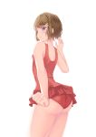  1girl ass bad_proportions breasts brown_hair casual_one-piece_swimsuit clenched_hand hair_ornament hairclip hand_up highres koga_tomoe looking_at_viewer looking_back one-piece_swimsuit red_swimsuit ributsu seishun_buta_yarou short_hair simple_background small_breasts solo standing swimsuit violet_eyes white_background 