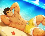  1boy abs armpits arms_behind_back bara barry_go blush body_hair brown_hair chest chest_hair facial_hair goatee highres kengo_(tokyo_houkago_summoners) looking_at_viewer lying male_focus male_swimwear manly muscle navel nipples ocean on_back pectorals sand shorts solo starfish sunlight swimwear thick_eyebrows thighs tokyo_houkago_summoners upper_body 
