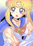  1girl :o bangs bare_arms bare_shoulders biceps bishoujo_senshi_sailor_moon blonde_hair blue_eyes blue_sailor_collar bow bowtie choker circlet crescent crescent_earrings diadem earrings endou-san eyebrows_visible_through_hair flexing furrowed_eyebrows hair_over_shoulder heart heart_choker jewelry long_hair looking_to_the_side meme muscle muscular_female open_mouth parted_bangs pose red_choker sailor_collar sailor_moon sailor_moon_redraw_challenge sailor_senshi_uniform shirt sleeveless sleeveless_shirt solo twintails upper_body 