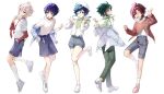  5boys absurdres bandaid bandaid_on_face blue_eyes braid collar full_body genshin_impact green_eyes green_hair green_pants green_shirt grey_hair grey_shorts highres jacket kaedehara_kazuha kkopoli long_sleeves male_focus microphone multicolored_hair multiple_boys necktie one_eye_closed open_mouth pants purple_hair red_footwear red_necktie red_shirt redhead scaramouche_(genshin_impact) shikanoin_heizou shirt shoes short_hair shorts sneakers tassel tongue tongue_out twin_braids upper_body venti_(genshin_impact) wanderer_(genshin_impact) white_footwear white_headwear white_jacket white_shirt xiao_(genshin_impact) 