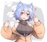  1girl animal_ear_fluff animal_ears blue_hair blush breasts cat_ears commentary eyebrows_visible_through_hair facial_scar highres large_breasts looking_at_viewer off_shoulder orange_eyes original paws ryota_tentei scar scar_on_cheek short_hair solo sweatshirt tora_tentei zipper 