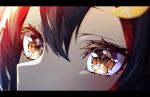 1girl black_hair blurry close-up commentary depth_of_field eyelashes eyes face hair_between_eyes hair_ornament highres hololive letterboxed looking_at_viewer multicolored_hair nuko_miruku ookami_mio orange_eyes redhead solo streaked_hair symbol_commentary two-tone_hair virtual_youtuber 