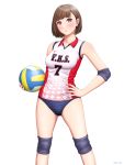  1girl ball blush brown_eyes buruma covered_navel elbow_pads hand_on_hip highres holding holding_ball knee_pads looking_at_viewer original short_hair simple_background solo sportswear standing violet_eyes volleyball white_background yurashima 