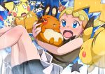  1girl absurdres blonde_hair blue_eyes blush body_blush clouds commentary_request day dedenne emolga eureka_(pokemon) falling feet_out_of_frame gen_1_pokemon gen_2_pokemon gen_3_pokemon gen_4_pokemon gen_5_pokemon gen_6_pokemon giji_eizan hair_ornament highres holding holding_pokemon legs_together minun motion_lines open_mouth outdoors pichu pikachu plusle pokemon pokemon_(anime) pokemon_(creature) pokemon_xy_(anime) rotom shiny shiny_skin sky tongue 