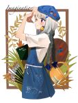  1girl apron beret blue_bow blue_headwear blush border bow braid bug butterfly cat english_text facing_to_the_side gesture grass hair_bow hat highres insect lize_helesta multicolored_hair nijisanji paint_can paintbrush palette pins plant sen_(sennosenn1127) sketchbook solo streaked_hair string_belt twin_braids violet_eyes white_hair 
