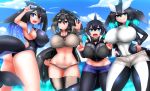  4girls aqua_eyes aqua_hair arm_up ass ass_visible_through_thighs black_eyes black_hair blowhole blue_eyes blue_hair borrowed_character breasts claw_pose closed_mouth competition_swimsuit covered_nipples crop_top cropped_hoodie curvy daddy_pomgi day diving_suit dolphin_tail dorsal_fin drawstring eyebrows_visible_through_hair false_killer_whale_(kemono_friends)_(isobee) goggles goggles_on_head grey_hair grin hair_between_eyes hand_on_eyewear hand_up hands_on_hips hands_up head_fins highres hood hood_down hoodie huge_breasts impossible_clothes kemono_friends killer_whale_(kemono_friends)_(stylecase) legwear_under_shorts long-finned_pilot_whale_(kemono_friends)_(yoshida_hideyuki) long_hair long_sleeves looking_at_viewer medium_hair multicolored_hair multiple_girls navel ocean one-piece_swimsuit open_clothes open_mouth open_vest original outdoors pantyhose seal_tail sharp_teeth short_shorts shorts sideboob smile southern_elephant_seal_(daddy_pomgi) stomach swimsuit tail tankini teeth thigh-highs thigh_gap twisted_torso unzipped vest wetsuit zipper 