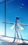  1girl absurdly_long_hair absurdres backlighting ballet_dress ballet_slippers bird blue_hair blue_sky commentary criss-cross_halter dress from_behind halterneck hatsune_miku highres kazenemuri long_hair reflection shadow sky solo standing tiptoes twintails very_long_hair vocaloid white_dress wide_shot window 