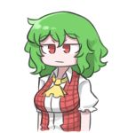  1girl :| arms_at_sides ascot bangs breasts closed_mouth collared_shirt expressionless green_hair hair_between_eyes jitome kazami_yuuka mata_(matasoup) medium_breasts no_pupils open_clothes open_mouth open_vest plaid plaid_vest red_eyes red_vest shiny shiny_hair shirt short_sleeves simple_background solo touhou vest wavy_hair white_background white_shirt yellow_neckwear 