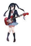  1girl absurdres andoplus bangs black_hair black_jacket black_legwear blue_skirt blush brown_footwear closed_mouth collared_shirt dress_shirt electric_guitar eyebrows_visible_through_hair full_body guitar hair_between_eyes highres instrument jacket k-on! kneehighs loafers long_hair long_sleeves looking_at_viewer miniskirt music nakano_azusa neck_ribbon open_clothes open_jacket playing_instrument pleated_skirt red_eyes red_neckwear red_ribbon ribbon shirt shoes sidelocks simple_background skirt smile solo standing twintails white_background white_shirt 