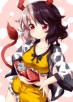  1girl animal_print black_hair bow collarbone cow_horns cow_print cow_tail crop_top frilled_shorts frills grey_hair hand_on_hip haori highres horns japanese_clothes midriff multicolored_hair red_eyes red_horns ruu_(tksymkw) shorts solo statue tail touhou two-tone_hair ushizaki_urumi yellow_shorts 