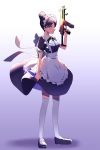  1girl alternate_costume apex_legends apron bangs black_dress black_footwear black_hair black_neckwear black_ribbon blue_eyes breasts closed_mouth commentary_request dress enmaided eyebrows_visible_through_hair finger_on_trigger frilled_apron frills full_body gradient gradient_background gun hair_bun highres holding holding_gun holding_weapon kunai looking_at_viewer machine_gun maid maid_apron maid_dress maid_headdress mary_janes mau. neck_ribbon parted_bangs puffy_short_sleeves puffy_sleeves ribbon shoes short_hair short_sleeves solo submachine_gun thigh-highs waist_apron weapon white_apron white_legwear wing_collar wraith_(apex_legends) 