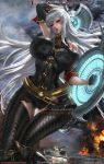  1girl arm_up black_legwear breasts covered_nipples ground_vehicle huge_breasts impossible_clothes impossible_shirt lexaiduer long_hair looking_at_viewer military military_vehicle motor_vehicle selvaria_bles senjou_no_valkyria shield shirt tagme tank very_long_hair white_hair 