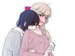  2girls blonde_hair blush brown_hair claire_francois commentary_request hickey highres hug hug_from_behind kiss long_hair mjyeye372 multiple_girls neck_kiss nightgown pajamas rei_taylor short_hair sweat watashi_no_oshi_wa_akuyaku_reijou yuri 