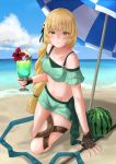  1girl beach beach_umbrella blonde_hair blue_sky brown_gloves closed_mouth clouds cup day drinking_straw fingerless_gloves fire_emblem fire_emblem:_three_houses fire_emblem:_three_houses fire_emblem_16 fire_emblem_heroes flower food fruit glass gloves green_eyes hair_flower hair_ornament highres holding holding_cup ingrid_brandl_galatea intelligent_systems long_hair nintendo outdoors polearm sky solo super_smash_bros. swimsuit tyotto_ko_i umbrella water watermelon weapon 