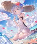  1girl beach black_footwear blue_eyes blue_flower blue_hair clouds cygames eyebrows_visible_through_hair flower hat highres holding jar lily_(granblue_fantasy) makai_no_juumin official_art outdoors petals pointy_ears red_flower sand seashell shell shingeki_no_bahamut short_hair sitting sleeveless solo sparkle starfish straw_hat water 