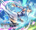  1girl :d armpits asuna_(sao-alo) bangs blue_dress blue_eyes blue_hair blue_sky boots braid breasts clouds cloudy_sky commentary_request day detached_sleeves dress eyebrows_visible_through_hair falling_petals flying from_side gloves grey_footwear hokuyuu holding holding_sword holding_weapon long_hair looking_at_viewer multicolored multicolored_clothes multicolored_dress official_art open_mouth outdoors pointy_ears purple_legwear sky smile solo sword sword_art_online thigh-highs tree weapon white_dress zenonzard 