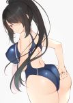  1girl aotsu_karin arm_under_breasts ass back bangs bare_shoulders black_hair blush breasts closed_mouth competition_swimsuit covered_nipples curvy hair_over_one_eye high_ponytail holding holding_towel large_breasts long_hair long_ponytail one-piece_swimsuit original sidelocks smile swimsuit thick_thighs thighs towel 