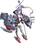  1girl american_flag black_gloves blue_hair breasts gloves jacket kantai_collection long_hair machinery medium_breasts multicolored_hair navel necktie official_art redhead rudder_footwear shorts single_thighhigh south_dakota_(kantai_collection) staff thigh-highs transparent_background turret weapon white_hair zeco 