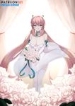  1girl bangs bouquet breasts choker dress elbow_gloves ett01024 eyebrows_visible_through_hair flower garter_straps gloves highres large_breasts last_origin long_hair looking_at_viewer pink_eyes pink_hair smile solo t-14_miho thigh-highs thigh_gap very_long_hair wedding_dress white_dress white_gloves 