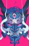  blue_oni chun_lo demon demon_horns disembodied_head extra_eyes face fangs glowing highres horns limited_palette looking_at_viewer multicolored oni original pink_background pink_eyes pointy_ears red_eyes shattered simple_background smoke solo teeth third_eye translation_request tusks 