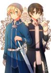  2boys bangs black_eyes black_hair blonde_hair blue_rose_sword closed_mouth cowboy_shot enokimo_me eugeo eyebrows_visible_through_hair food green_eyes hair_between_eyes hand_on_another&#039;s_shoulder hand_on_hilt highres holding holding_food kirito long_sleeves male_focus multiple_boys shiny shiny_hair signature smile standing sword_art_online wing_collar 