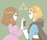  2girls bangs blonde_hair blue_eyes braid brown_hair cape crown_braid dress dual_persona fingerless_gloves gloves hair_ornament hairclip holding_hands multiple_girls parted_bangs pointy_ears princess_zelda sayoyonsayoyo short_hair smile the_legend_of_zelda the_legend_of_zelda:_breath_of_the_wild the_legend_of_zelda:_breath_of_the_wild_2 the_legend_of_zelda_(nes) thick_eyebrows upper_body 