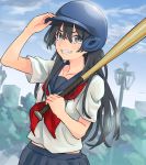  1girl :d absurdres adjusting_headwear bangs baseball_bat baseball_helmet bench black_hair blue_sailor_collar blue_skirt breasts clouds commentary cowboy_shot dutch_angle furrowed_eyebrows grey_eyes grin hair_between_eyes hand_on_headwear helmet highres holding irenji lamppost long_hair looking_at_viewer midriff_peek neckerchief open_mouth park_bench pleated_skirt red_neckwear sailor_collar saten_ruiko school_uniform serafuku shirt skirt sky small_breasts smile solo sweatdrop to_aru_kagaku_no_railgun to_aru_majutsu_no_index tree white_shirt 