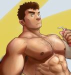  1boy abs bara barry_go blush body_hair brown_hair chest chest_hair drinking_straw facial_hair goatee highres kengo_(tokyo_houkago_summoners) looking_at_viewer male_focus manly muscle nipples pectorals shirtless simple_background solo thick_eyebrows tokyo_houkago_summoners upper_body 