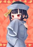  1girl bangs bare_shoulders black_hair blunt_bangs blush braid bright_pupils chinese_clothes detached_sleeves eyebrows_visible_through_hair hair_rings hand_up hat jitomi_monoe long_sleeves nose_blush ofuda outline qing_guanmao red_background red_eyes short_hair sleeves_past_fingers sleeves_past_wrists solo tenneko_yuuri unmoving_pattern upper_body virtual_youtuber voms white_outline white_pupils 