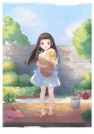  1girl :d artist_name bangs barefoot black_hair blunt_bangs brown_eyes bucket bush cat child collar day dog goto_hime holding_dog kakushigoto long_hair naimiaomiaomiaomiao open_mouth outdoors plant potted_plant red_collar roku_(kakushigoto) shadow smile standing tree watering_can yarn yarn_ball 