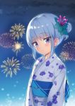  1girl bangs blue_hair blush chunithm eyebrows_visible_through_hair fireworks flower hair_flower hair_ornament highres hisasi japanese_clothes kimono kobotoke_nagi looking_at_viewer obi sash short_hair solo upper_body violet_eyes 