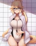  1girl aka_ive bespectacled black-framed_eyewear black_swimsuit blonde_hair blue_eyes collarbone commentary_request competition_swimsuit fate/grand_order fate_(series) glasses hand_on_own_stomach highres jacket jacket_on_shoulders jeanne_d&#039;arc_(fate)_(all) jeanne_d&#039;arc_(swimsuit_archer) long_hair looking_at_viewer one-piece_swimsuit sitting solo swimsuit two-tone_swimsuit very_long_hair wet whistle whistle_around_neck white_jacket white_swimsuit 