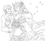  1boy 1girl bb_(baalbuddy) bouquet carrying commentary dress english_commentary flower formal greyscale hair_flower hair_ornament highres holding holding_bouquet horns lineart monochrome muscle muscular_female oni oni_horns original petals princess_carry suit wavy_hair wedding wedding_dress 